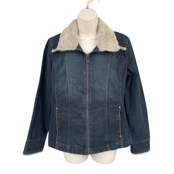 FDJ Sherpa Collar Denim Jacket Women Western Preppy Work Pockets Blue Zip Size M - Picture 1 of 10
